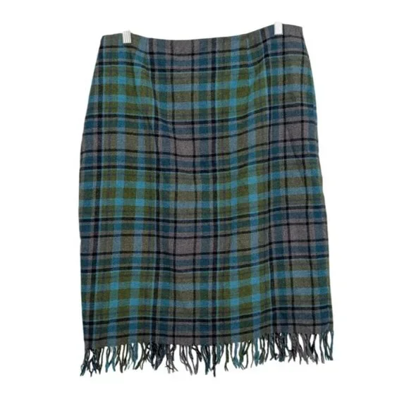 J Jill Plaid Fringe Skirt Womens Petite Size 12 Green Wool Blend Lined Faux Wrap - Picture 8 of 10